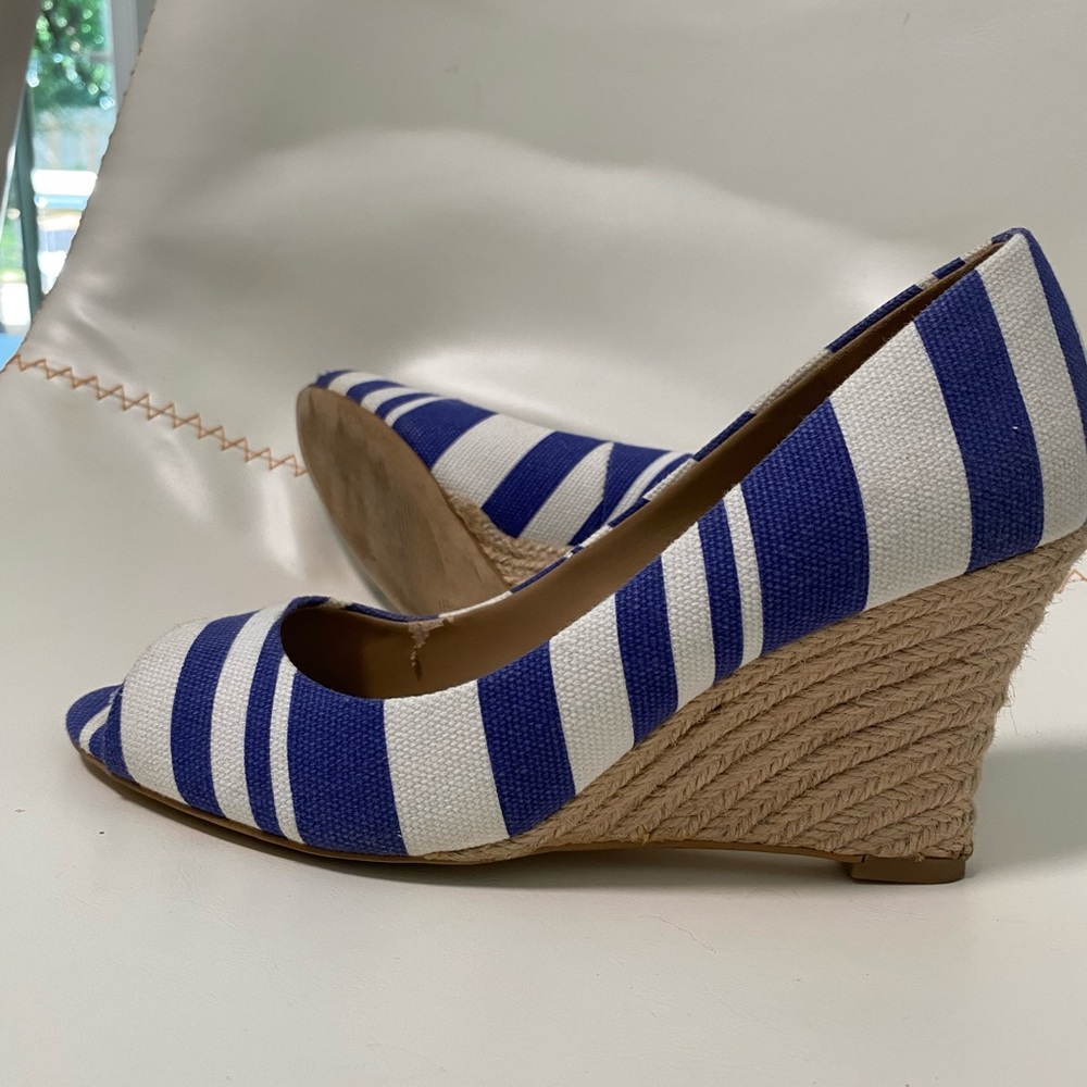 Ann Taylor Navy and White Striped Wedges